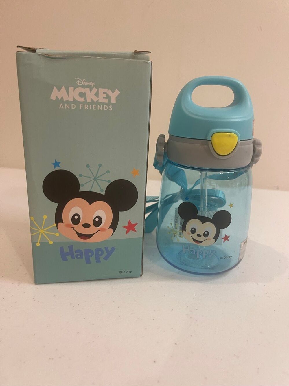 Disney Mickey Mouse Happy Blue Kids Water Bottle 6” w/ Strap & Original Box New - Picture 3 of 4